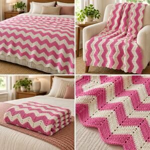 Handmade Crochet Afghan Blanket 82x77 Pink Cream Chevron Ripple Large